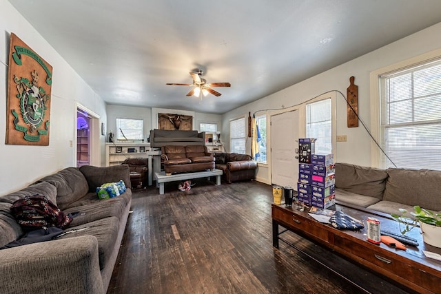 living room with a ceiling fan, a healthy amount of sunlight, and dark wood-style flooring