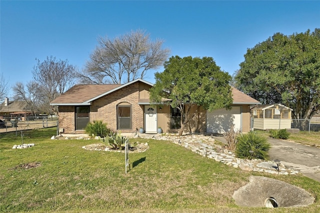 ranch-style house with a garage and a front lawn