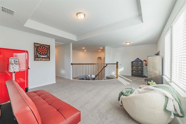 sitting room featuring plenty of natural light, a raised ceiling, and carpet