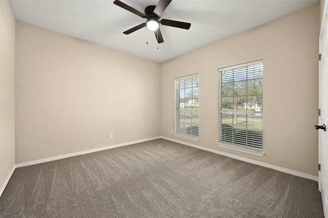 spare room featuring ceiling fan and carpet floors