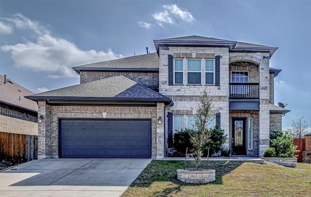 view of front of property with a garage, a balcony, and a front lawn