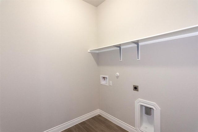 washroom with hookup for a gas dryer, electric dryer hookup, hookup for a washing machine, and dark hardwood / wood-style floors