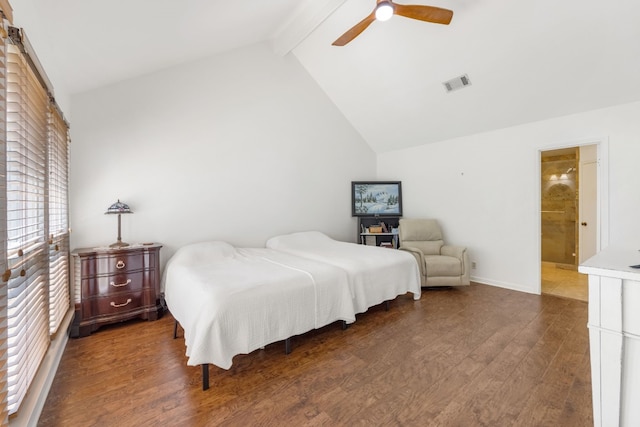 bedroom featuring dark wood-type flooring, ceiling fan, high vaulted ceiling, and beamed ceiling