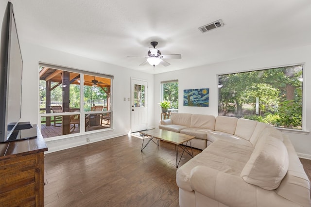 living room with ceiling fan, dark hardwood / wood-style flooring, and a wealth of natural light