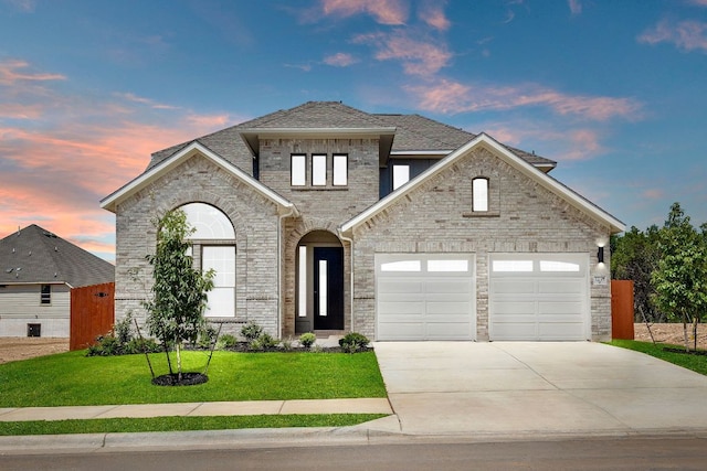 1235 Robin Trl, Round Rock, TX 78681 - french provincial home with an attached garage, concrete driveway, a lawn, brick siding, and roof with shingles