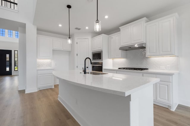 1235 Robin Trl, Round Rock, TX 78681 - kitchen featuring appliances with stainless steel finishes, recessed lighting, light wood-style floors, an island with sink, and white cabinets