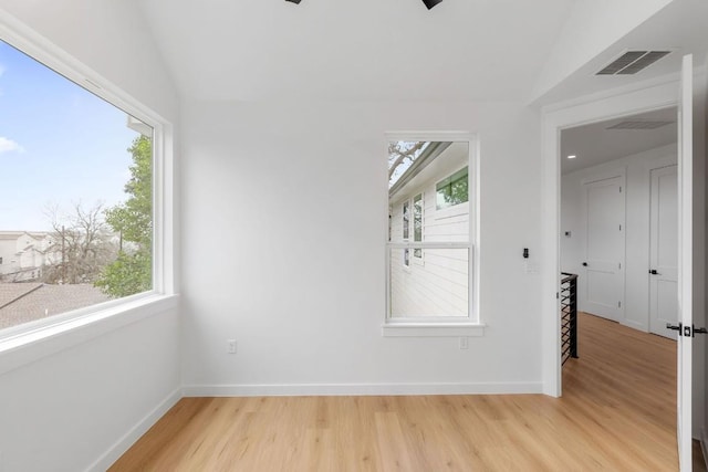 empty room featuring vaulted ceiling, a wealth of natural light, and light hardwood / wood-style floors