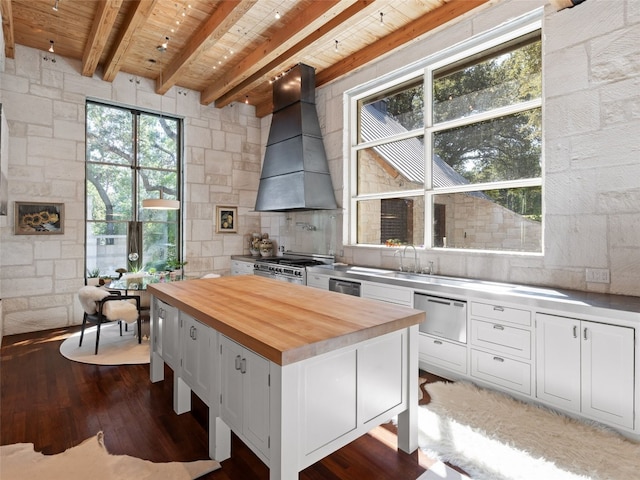 1200 Barton Creek Blvd Unit 35, Austin, TX 78735 - kitchen featuring custom range hood, a wood ceiling with exposed beams, wooden counters, appliances with stainless steel finishes, and dark wood-style floors