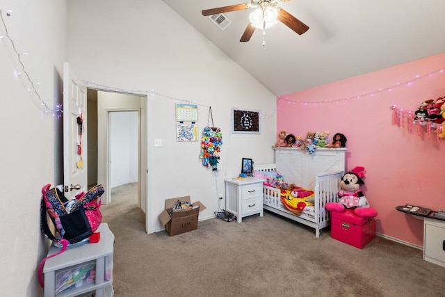 carpeted bedroom featuring lofted ceiling and ceiling fan