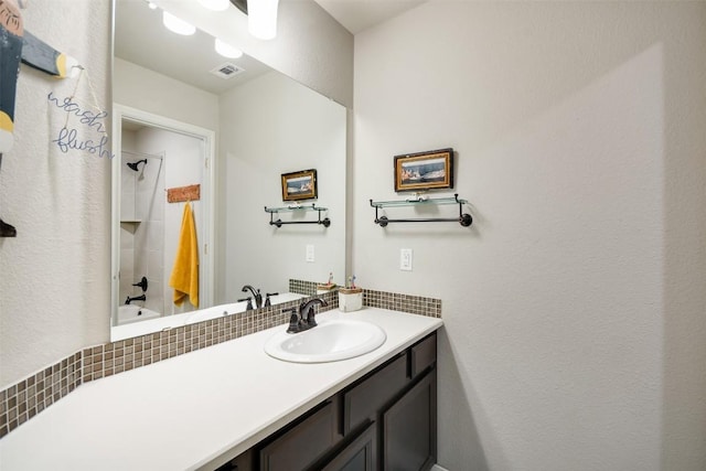 bathroom with vanity and shower / bathtub combination with curtain