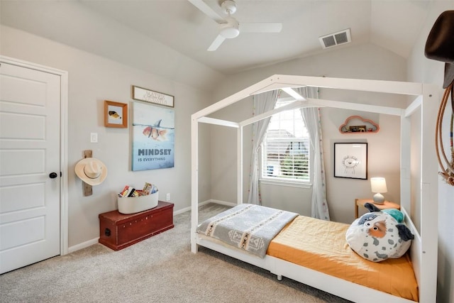 bedroom with lofted ceiling, carpet flooring, and ceiling fan