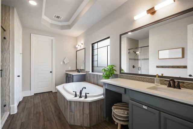 bathroom featuring independent shower and bath, vanity, and a tray ceiling