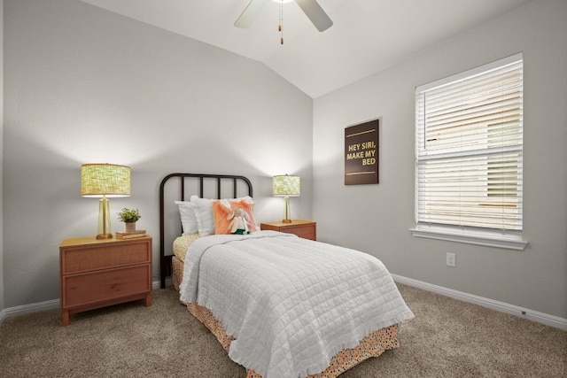 carpeted bedroom featuring lofted ceiling and ceiling fan