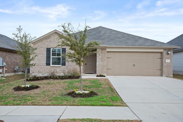 single story home with central AC unit and a garage