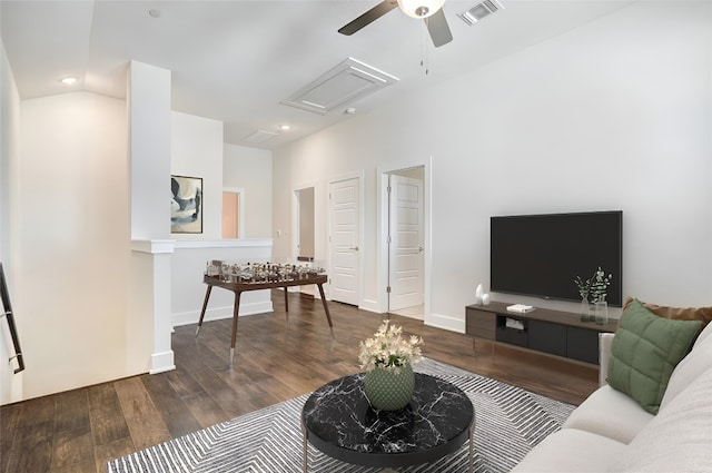 1801 Roseburg Dr Unit 29, Austin, TX 78754 - living room featuring dark hardwood / wood-style flooring, lofted ceiling, and ceiling fan
