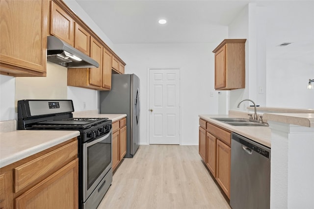 kitchen featuring stainless steel appliances, sink, and light hardwood / wood-style flooring