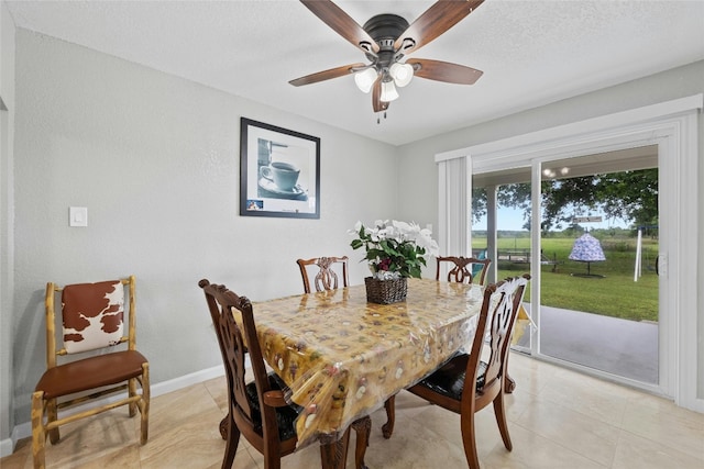 dining area featuring ceiling fan and a textured ceiling