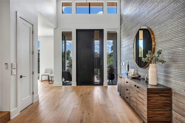 foyer entrance with a towering ceiling and light hardwood / wood-style floors