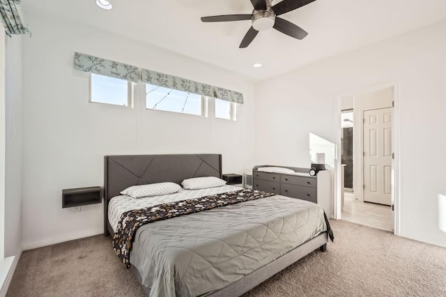205 Audie Murphy Cir, Leander, TX 78641 - bedroom with carpet floors, recessed lighting, ceiling fan, and ensuite bathroom