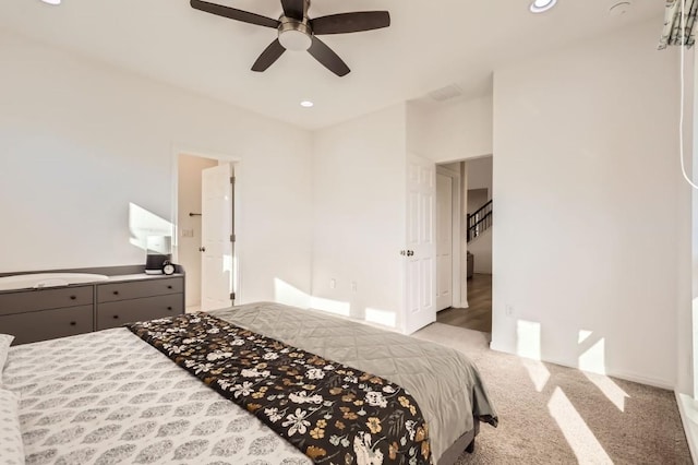205 Audie Murphy Cir, Leander, TX 78641 - bedroom with light colored carpet, recessed lighting, a ceiling fan, and baseboards