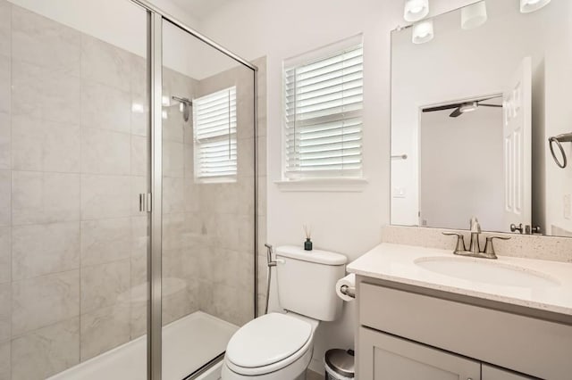 bathroom with vanity, an enclosed shower, and toilet