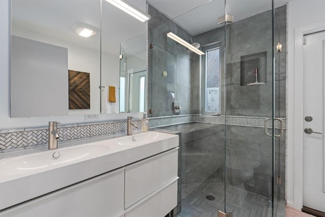 3601 Marcae Ct, Austin, TX 78704 - bathroom with double vanity and a stall shower