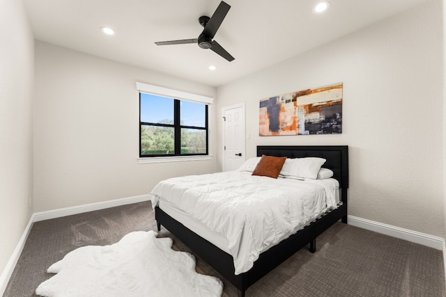 carpeted bedroom with ceiling fan