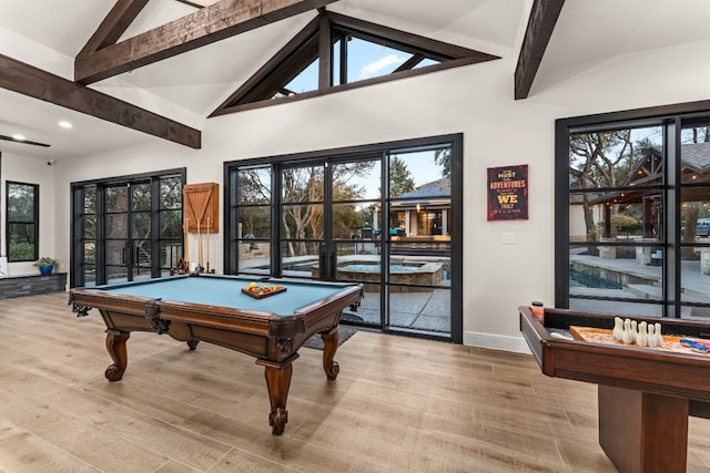 rec room with high vaulted ceiling, billiards, beamed ceiling, and light wood-type flooring