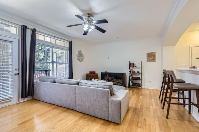 living room featuring crown molding, ceiling fan, and light wood-type flooring