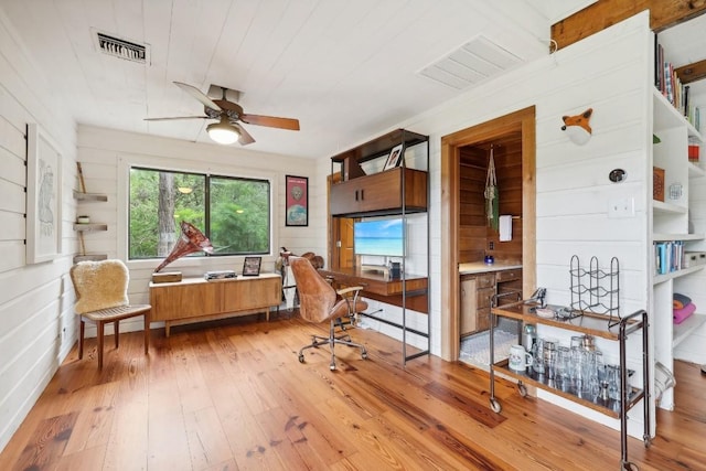 office featuring ceiling fan, wood ceiling, and light wood-type flooring