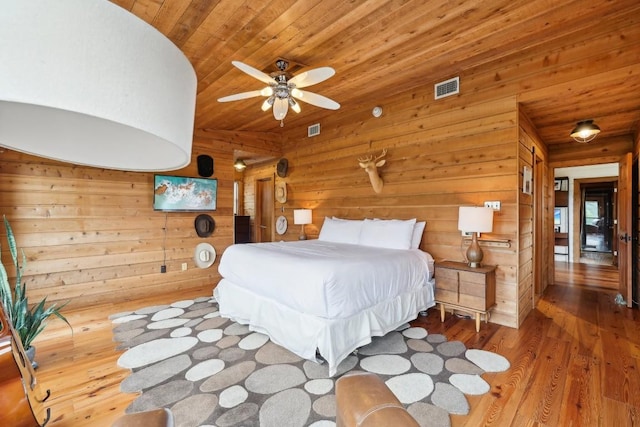 bedroom featuring wood-type flooring, wooden ceiling, and wooden walls