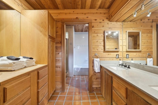 bathroom featuring vanity, wood ceiling, tile patterned floors, and wood walls