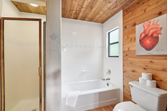 bathroom featuring toilet, wood walls, plus walk in shower, and wooden ceiling