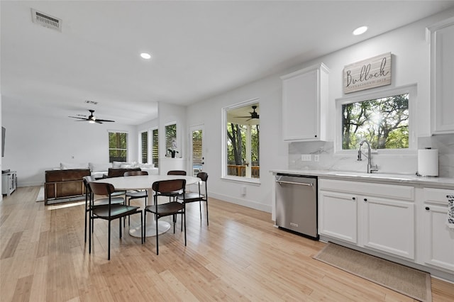 kitchen featuring white cabinetry, stainless steel dishwasher, sink, and decorative backsplash