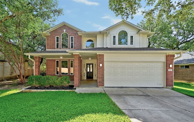 view of front property featuring a garage, a porch, and a front lawn