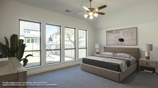 carpeted bedroom with baseboards, visible vents, multiple windows, and lofted ceiling