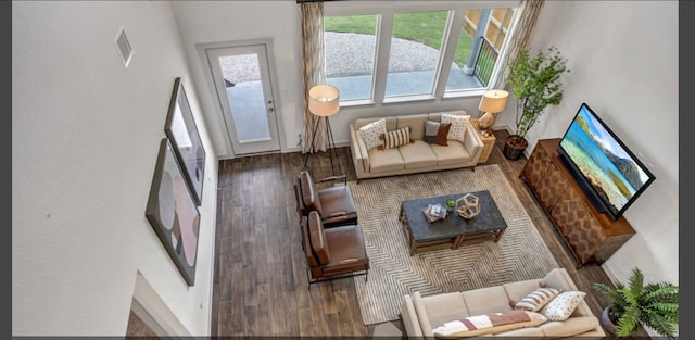 living room with dark hardwood / wood-style floors