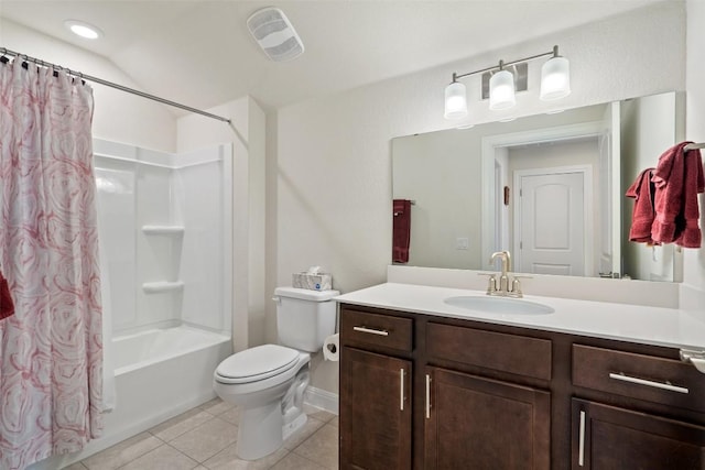 full bathroom featuring shower / bath combination with curtain, tile patterned floors, toilet, and vanity