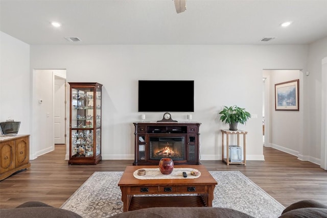 living room featuring wood-type flooring and ceiling fan