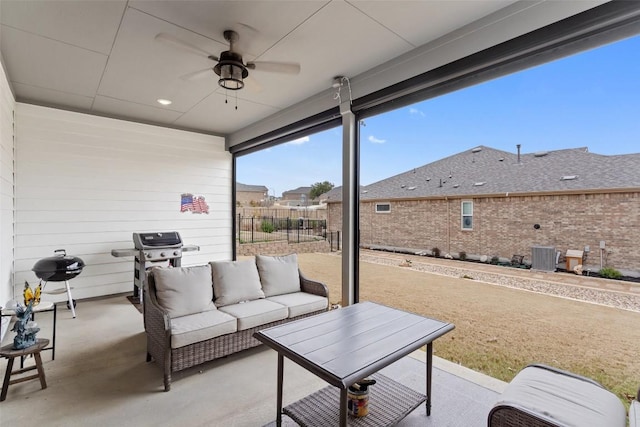 view of patio / terrace with an outdoor living space, a grill, ceiling fan, and central air condition unit