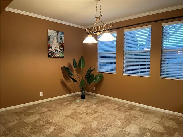 unfurnished dining area featuring a notable chandelier and ornamental molding