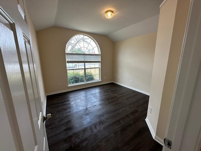 spare room featuring vaulted ceiling and dark wood-type flooring