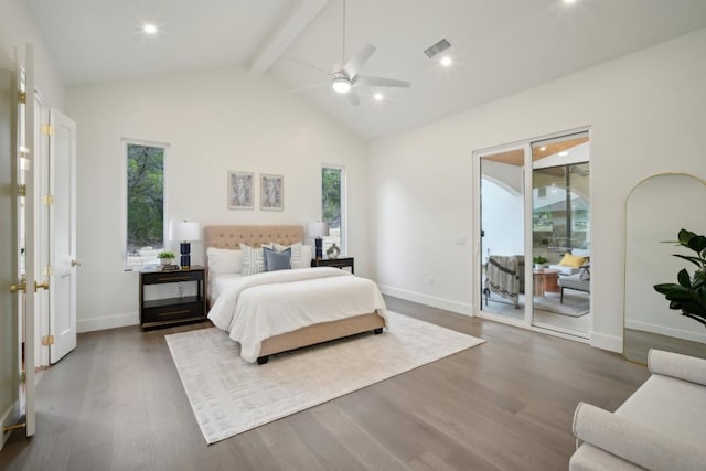 bedroom featuring beam ceiling, dark wood-type flooring, high vaulted ceiling, and ceiling fan