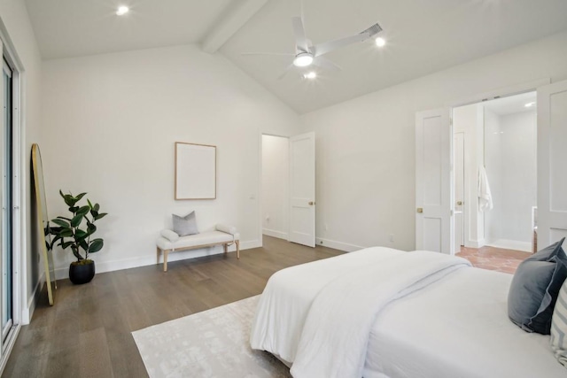 bedroom with lofted ceiling with beams, dark hardwood / wood-style floors, and ceiling fan