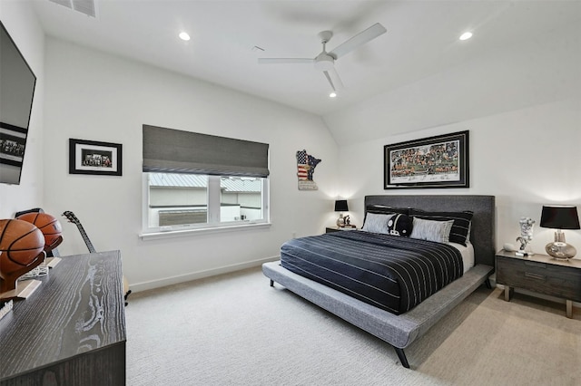 bedroom featuring vaulted ceiling, carpet flooring, and ceiling fan