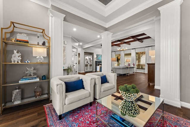 living room with coffered ceiling, ornamental molding, beam ceiling, dark wood-style floors, and ornate columns