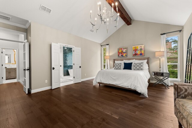 bedroom with beamed ceiling, high vaulted ceiling, dark hardwood / wood-style flooring, and ensuite bath