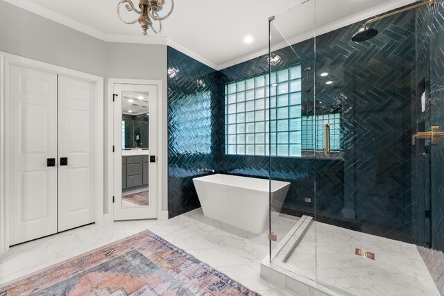 bathroom featuring crown molding, vanity, and plus walk in shower