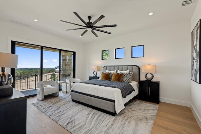 6101 Adhara Pass, Austin, TX 78730 - bedroom featuring access to exterior, recessed lighting, light wood-style flooring, and a ceiling fan