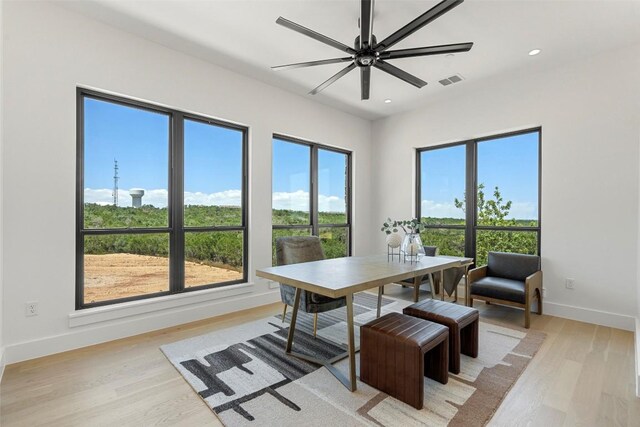 6101 Adhara Pass, Austin, TX 78730 - dining room featuring light wood-style floors, a ceiling fan, and recessed lighting
